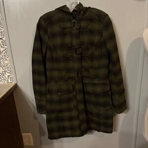 Steve Madden Olive Green Black Plaid Hooded Toggle Wool Blend Coat (Women Small)